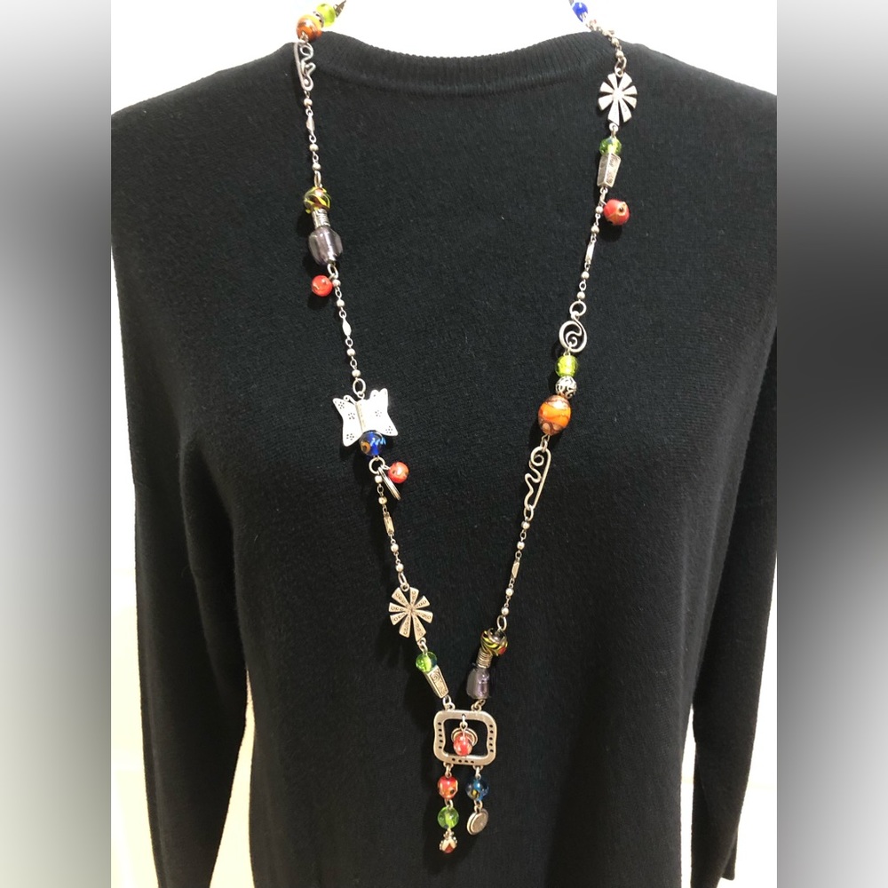 CHICO’S Beaded Long Necklace with Silver Toned Metal accents.